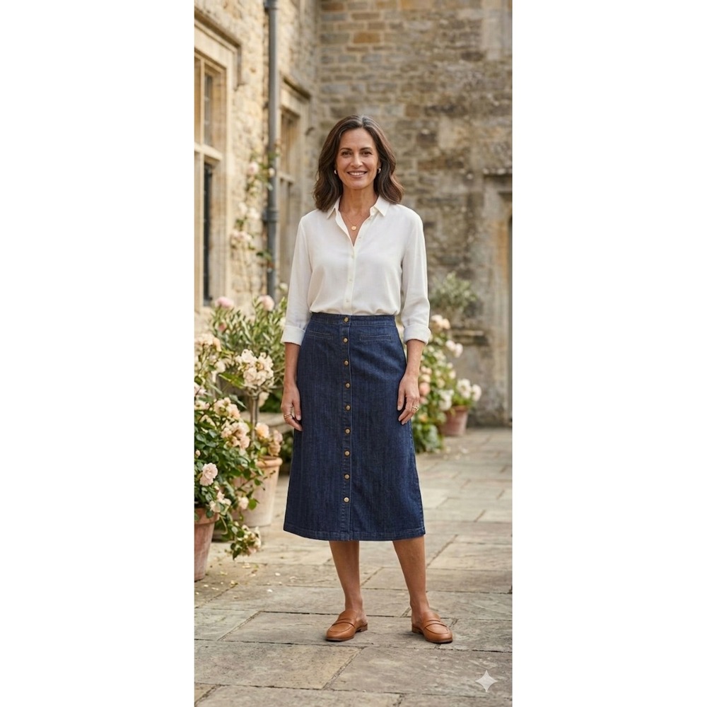 Talbots Womens Dark Wash Denim Button Front A-Line Skirt Size 16‎ Midi Length